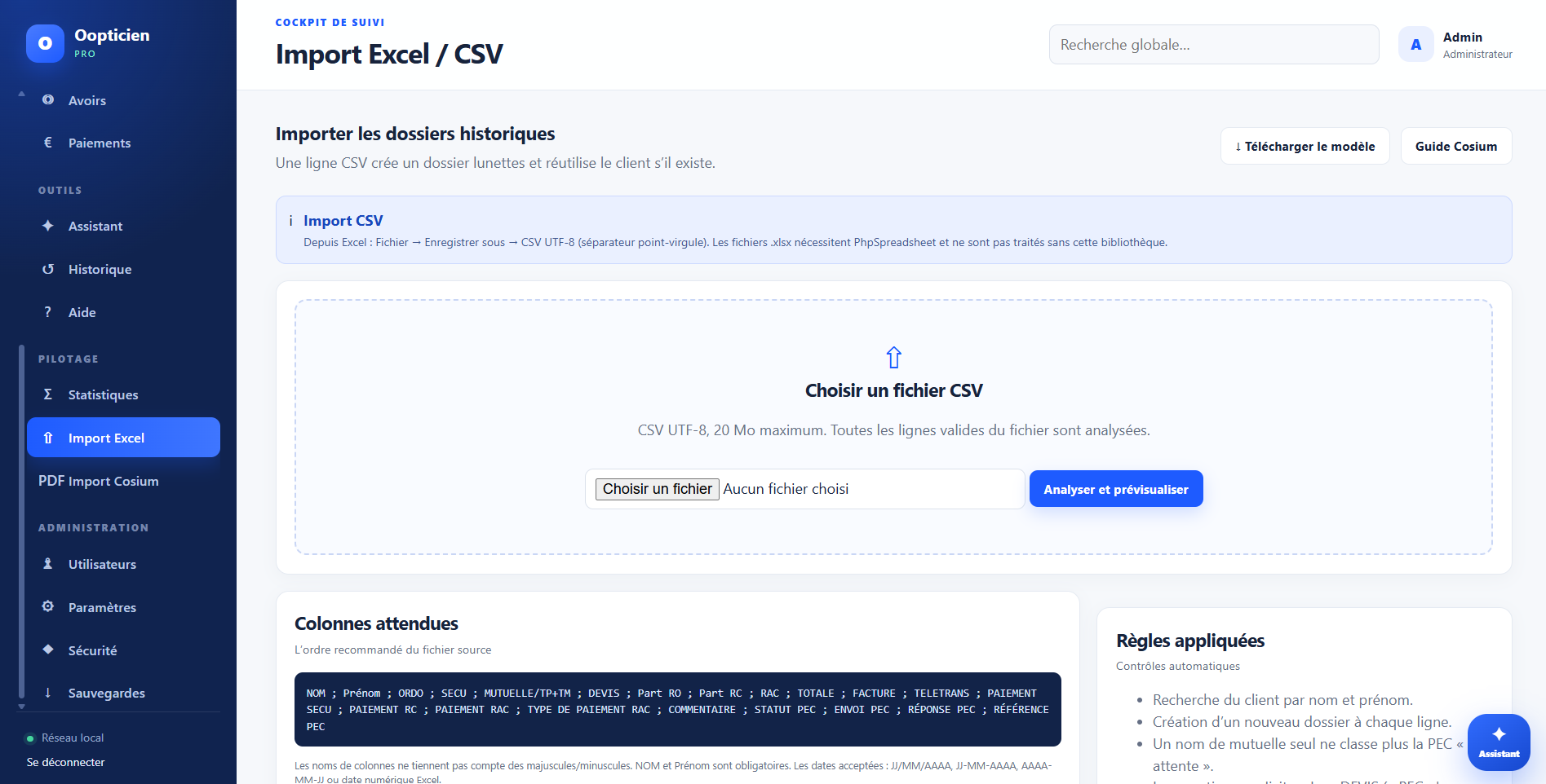 Import CSV dans Oopticien Pro